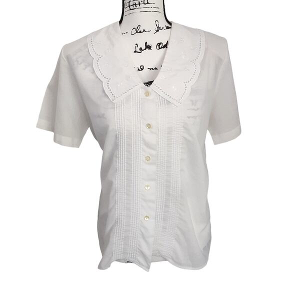 Vintage 80s Lace Collar Sailor White Button Up Shirt Shoulder Pads Edwardian - Picture 1 of 11